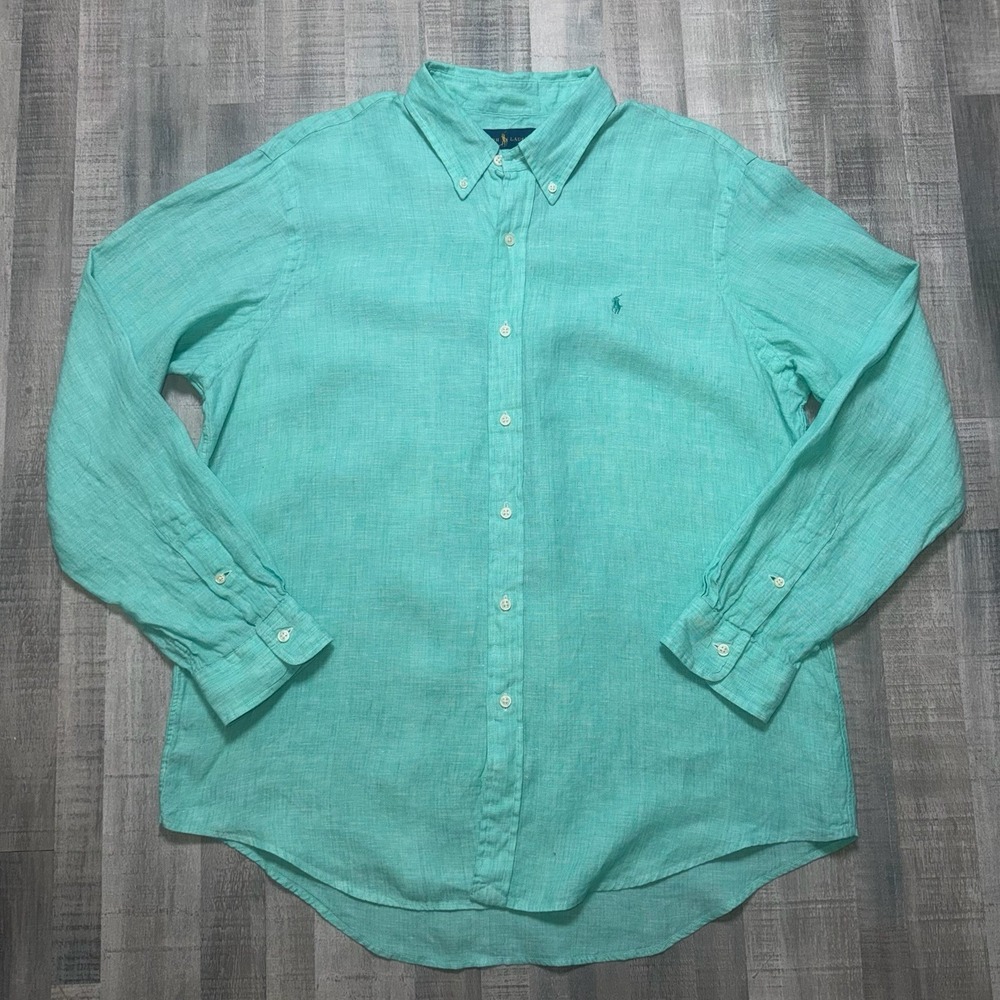 Polo Ralph Lauren Turquoise Button Down 100% Linen Long Sleeve Shirt Men's XL